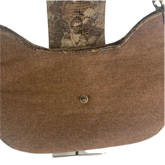 Worth Patent Leather Snakeskin Print Foldover Button Top Handle Fabric Wool Bag - Picture 4 of 12